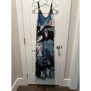 NWT Me 2 Magic Anthropologie Blue Black Metallic Tiered Maxi Dress Sleeveless M